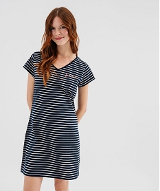 GEMO Chemise de nuit en jersey rayé à col V femme Bleu
