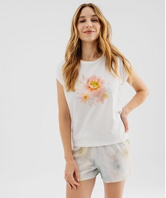 GEMO Haut de pyjama manches courtes loose à revers et broderie femme blanc standard