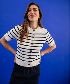 GEMO Gilet manches courtes à rayures femme Beige