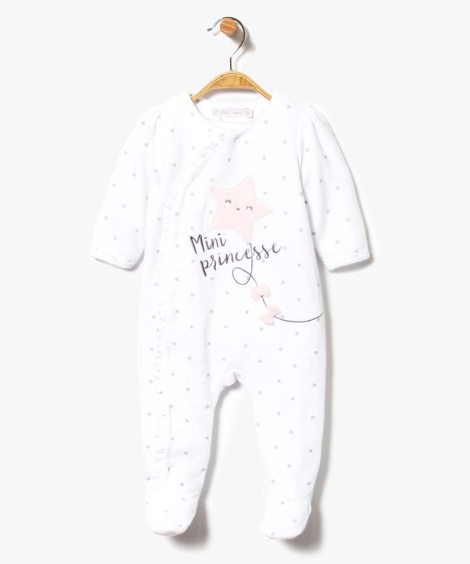 pyjama bebe en velours ouverture devant et motifs fantaisie blanc
