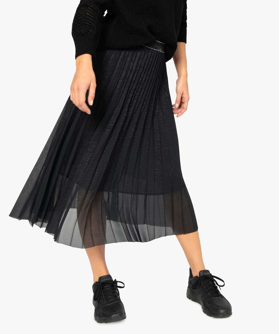 jupe femme plissee a paillette et taille elastiquee noir jupes femme | GÉMO