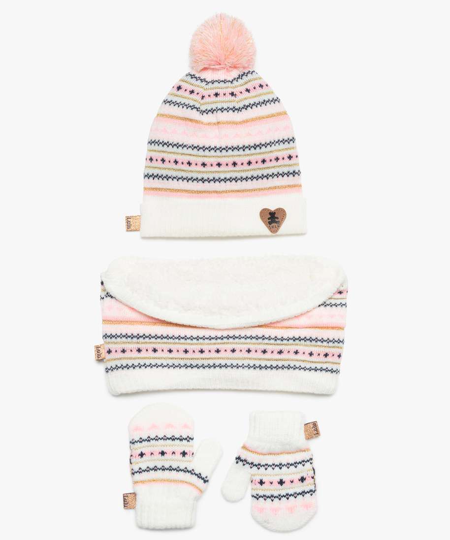 Ensemble bébé fille bonnet + snood + moufles - rose pâle, Bébé
