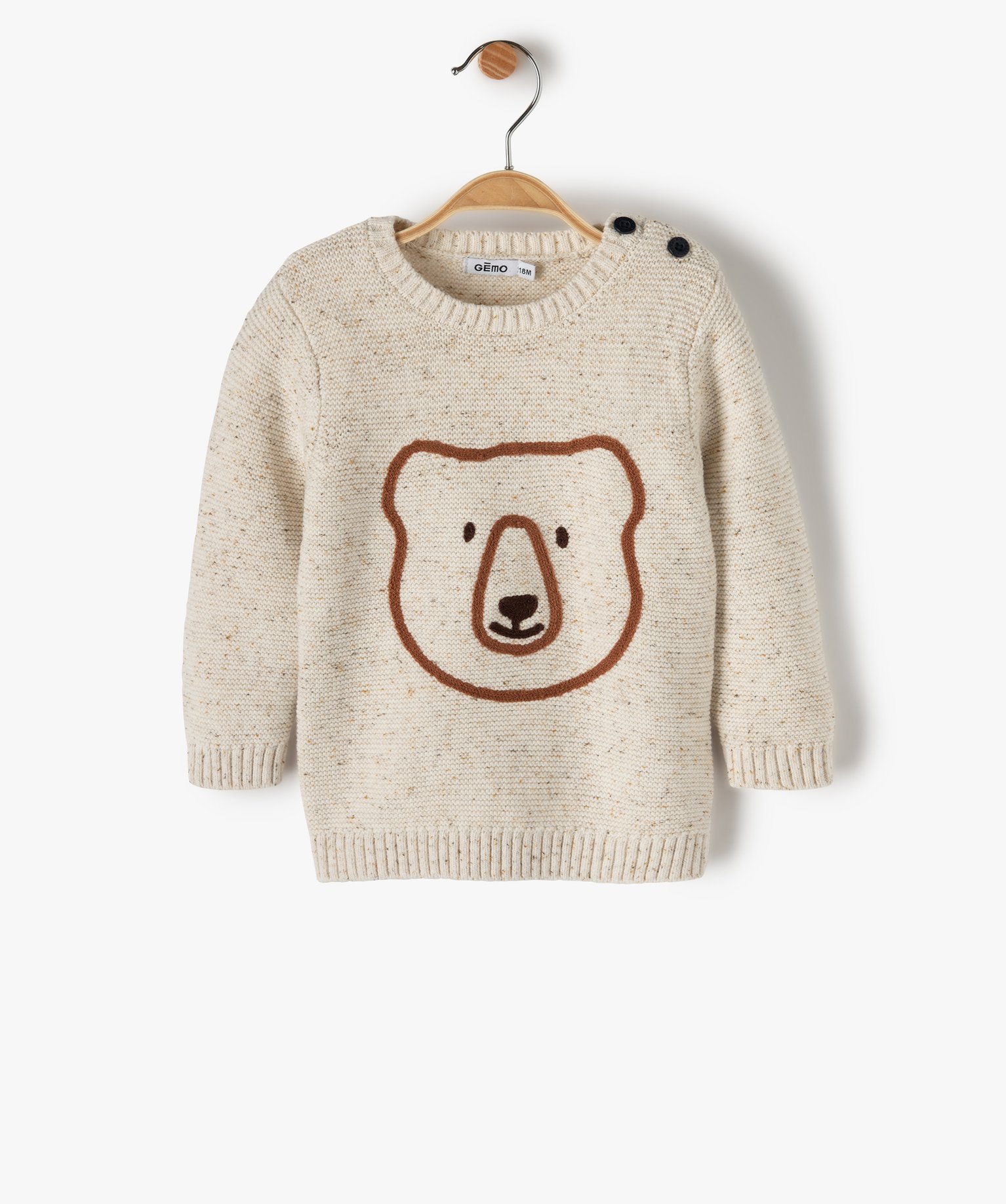 pull bebe garcon an maille chinee avec tete d’ours brodee beige pulls