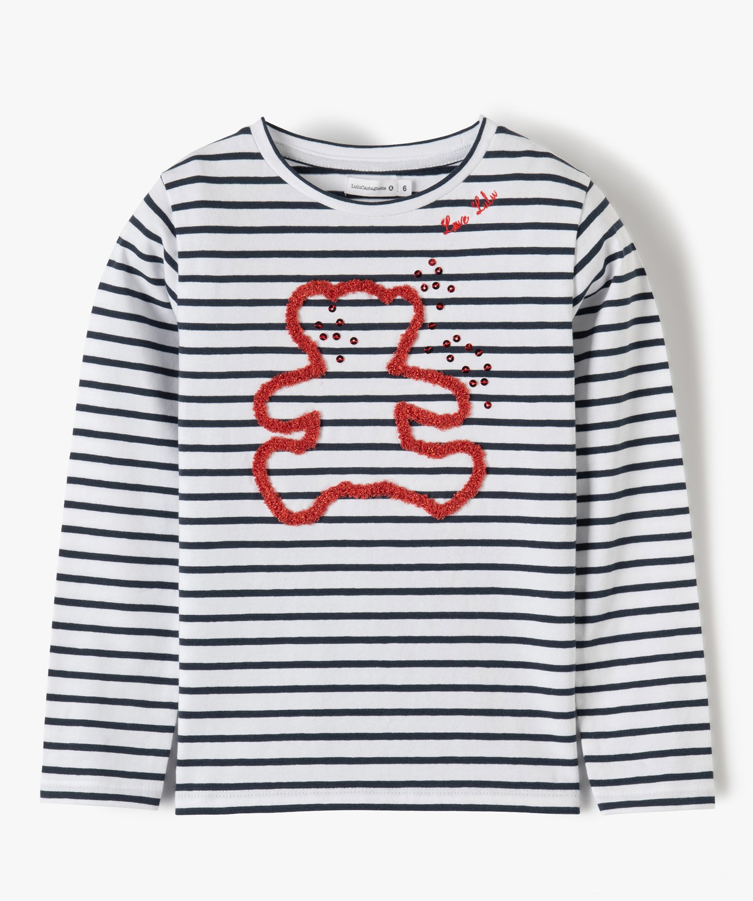 tee shirt fille raye avec motif brode lulu castagnette imprime tee shirts