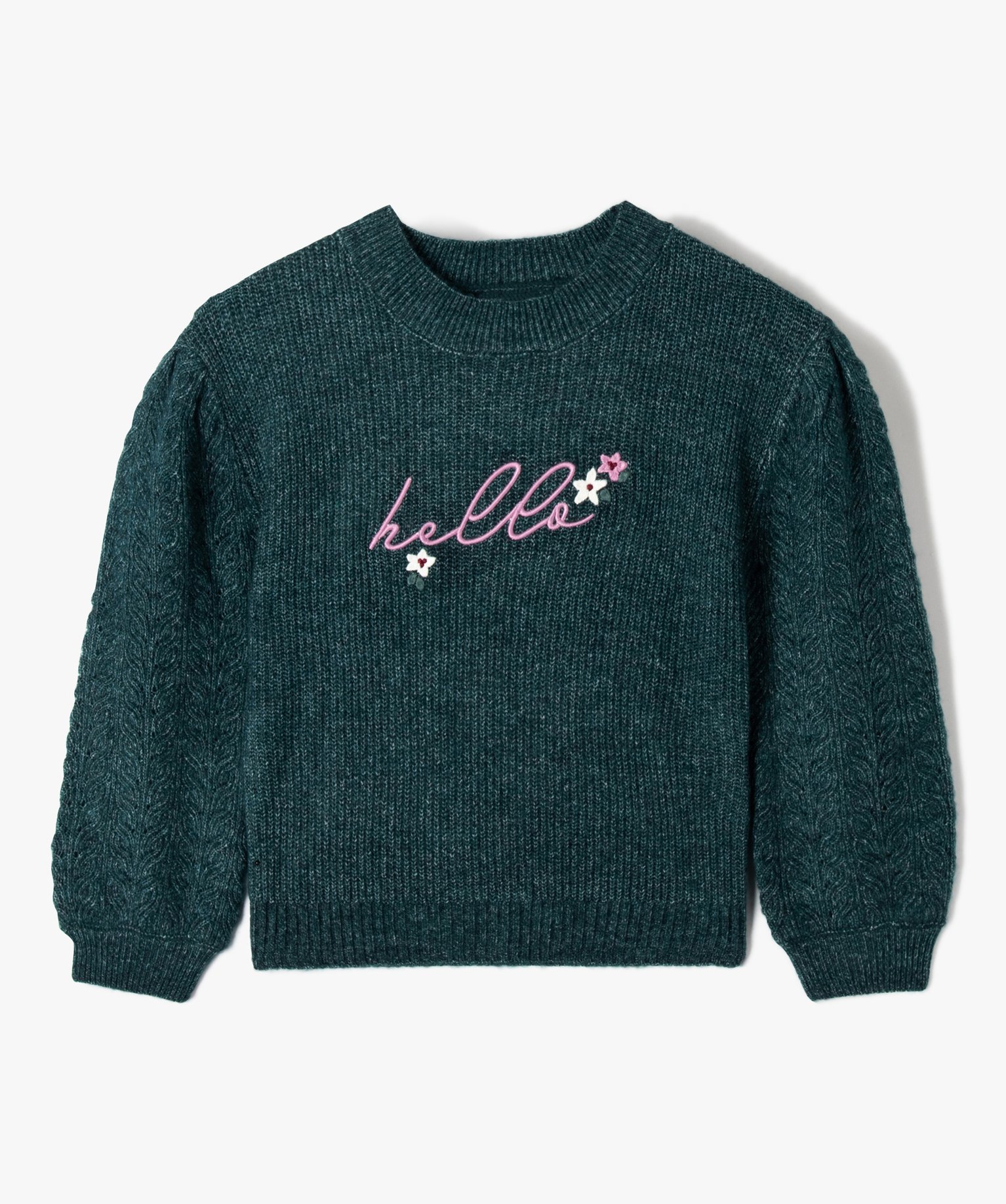 pull fille avec manches bouffantes et message brode vert