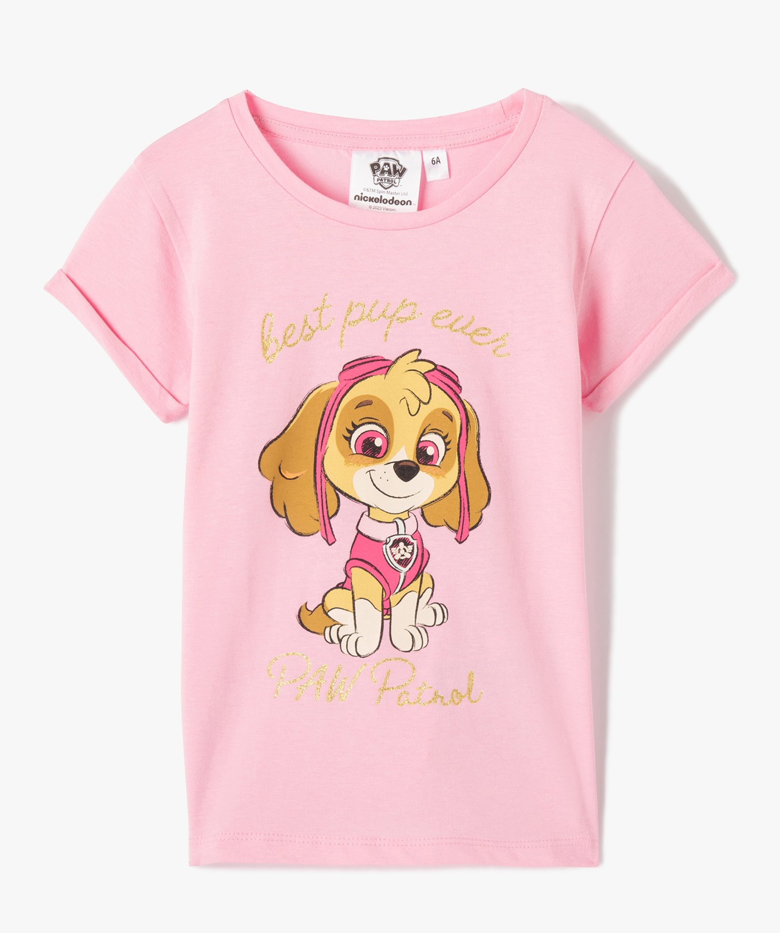 tee shirt fille avec motif et inscription pailletee pat patrouille rose tee shirts