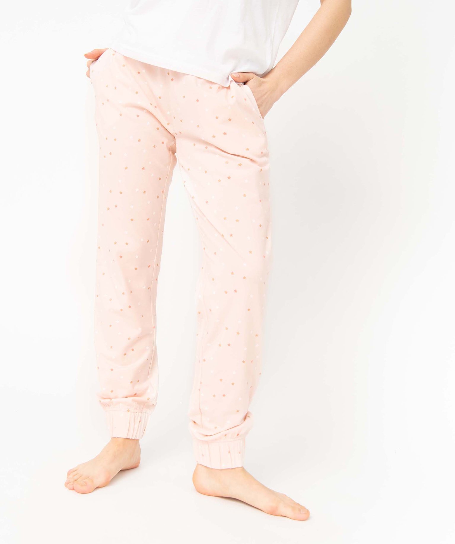 Pyjama femme / tenue d'intérieur en coton imprimé vert et rose et