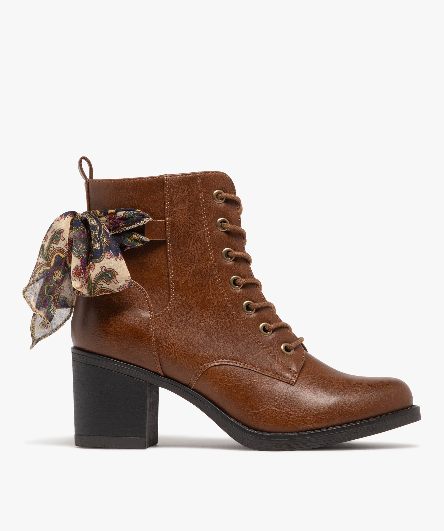 bottines femme a talon avec lacets et zip foulard fantaisie noue marron standard femme GEMO